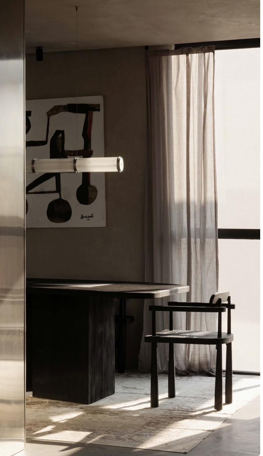 Silla PE en comedor con mesa de encino y cortinas translúcidas